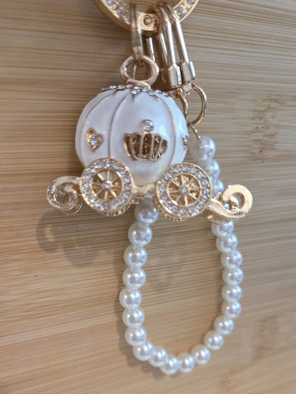 NWT White Enamel Princess Carriage Keychain with Pearl Wristlet Strap!